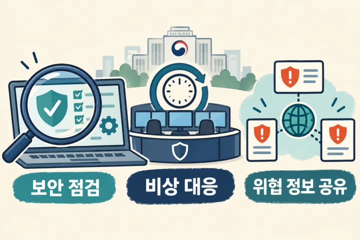 컴퓨터와 돋보기·대응 데스크·연결된 경고 카드로 금융권 해킹 이후의 보안 점검·비상 대응·위협 정보 공유를 표현한 상징 만평