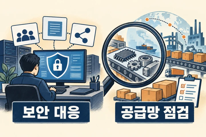 보안 대응 데스크와 돋보기로 살피는 산업 부품·물류를 통해 사이버 대응과 공급망 점검을 표현한 상징 만평