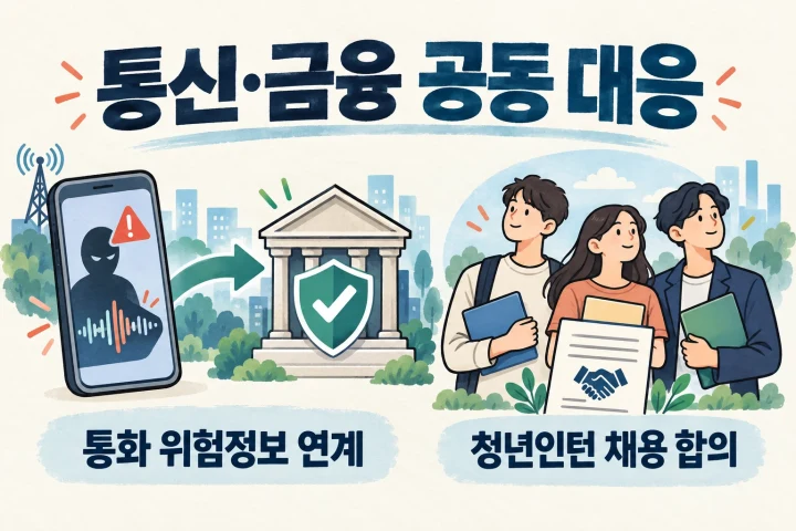 의심 통화 위험정보를 은행에 연계하는 흐름과 청년인턴 채용 합의를 표현한 상징 만평
